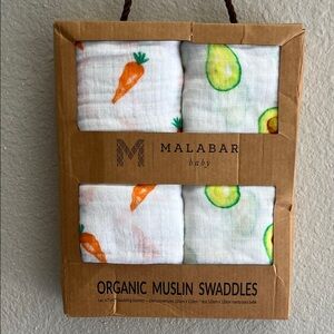 Organic Muslin Swaddles - White with Carrot and Avocado Print